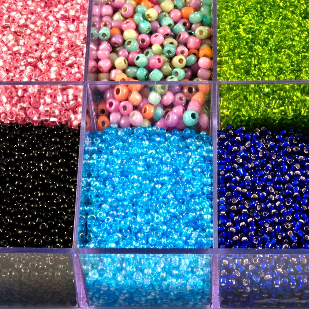 jars of small beads in various colors