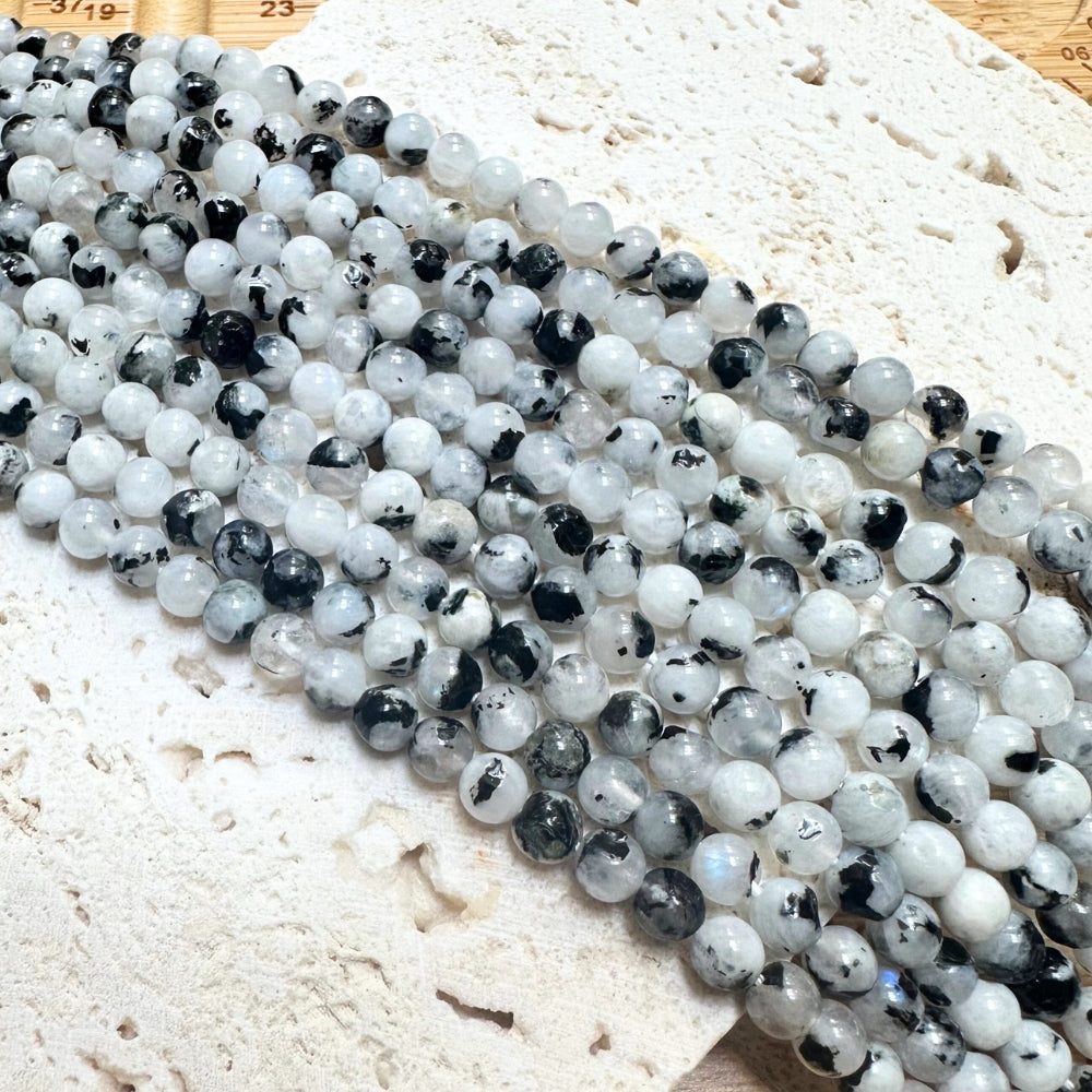 6mm round black white moonstone beads, glossy, 1 strand, 16 inches