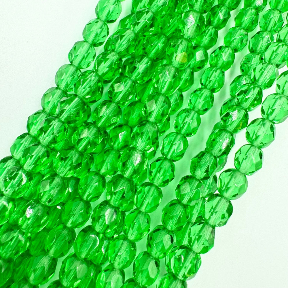 Light Green Fire Polished Beads, 6mm, Faceted, Sold as 7 inches, Approx 28-30 Beads(Czech Republic).