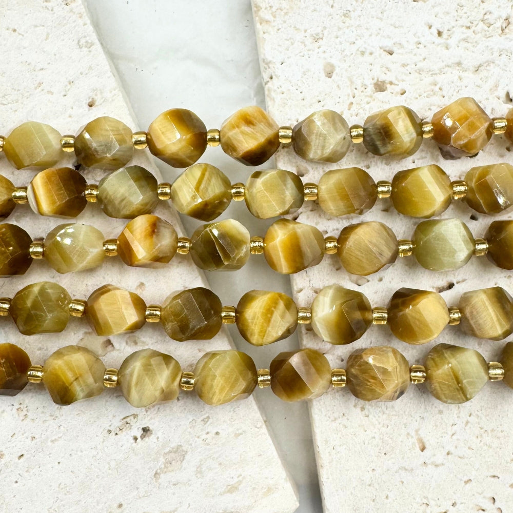 Gold Tiger Eye, 8mm, Fancy Cut, sold as 1 strand, 16 inches, approx 35 beads.