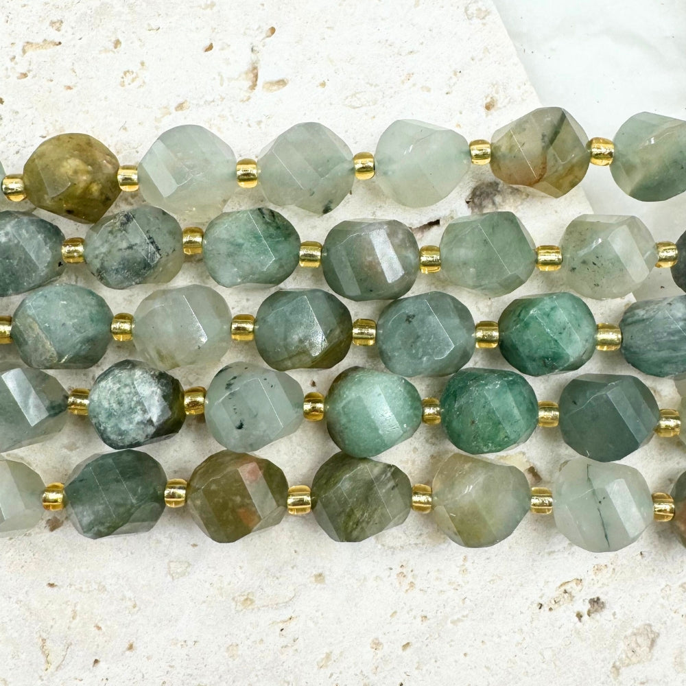 Moss Agate, 8mm, Fancy Cut, sold as 1 strand, 16 inches, approx 35 beads.