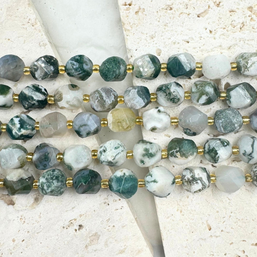 Tree Agate, 8mm, Fancy Cut, sold as 1 strand, 16 inches, approx 35 beads.