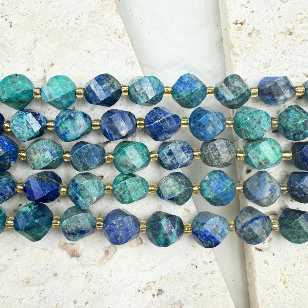 Azurite, 8mm, Fancy Cut, sold as 1 strand, 16 inches, approx 35 beads.