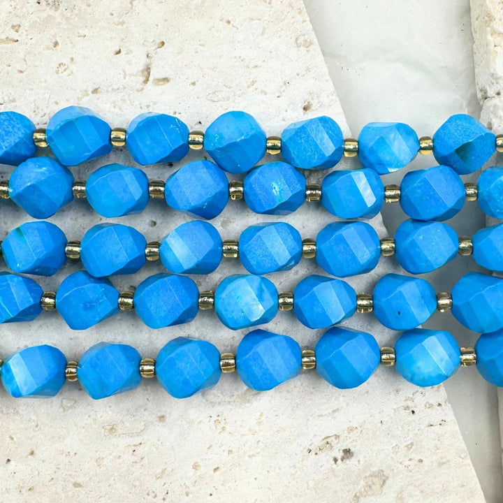 Turquoise, 8mm, Fancy Cut, sold as 1 strand, 16 inches, approx 35 beads.
