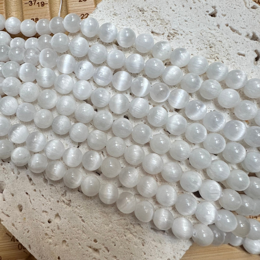 8mm round selenite beads, glossy, 1 strand, 16 inches, approx. 48 beads.