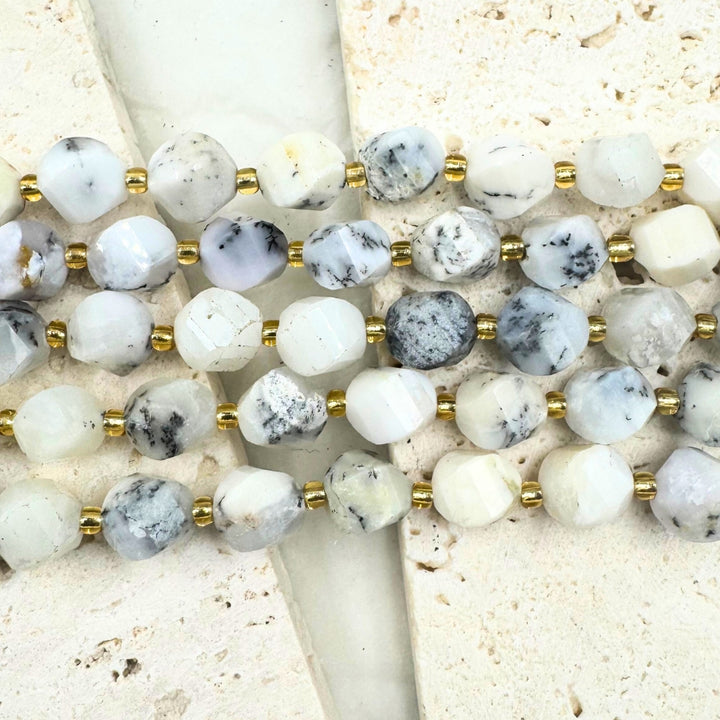 White Opal, 8mm, Fancy Cut, sold as 1 strand, 16 inches, approx 35 beads.