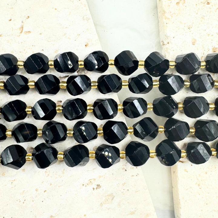 Black Onyx, 8mm, Fancy Cut, sold as 1 strand, 16 inches, approx 35 beads.