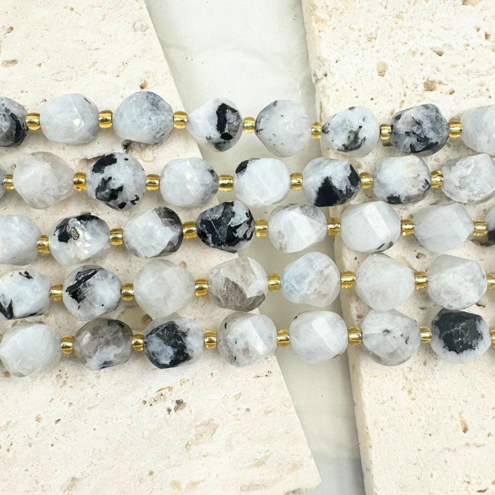 Spotted Moonstone, 8mm, Fancy Cut, sold as 1 strand, 16 inches, approx 35 beads.