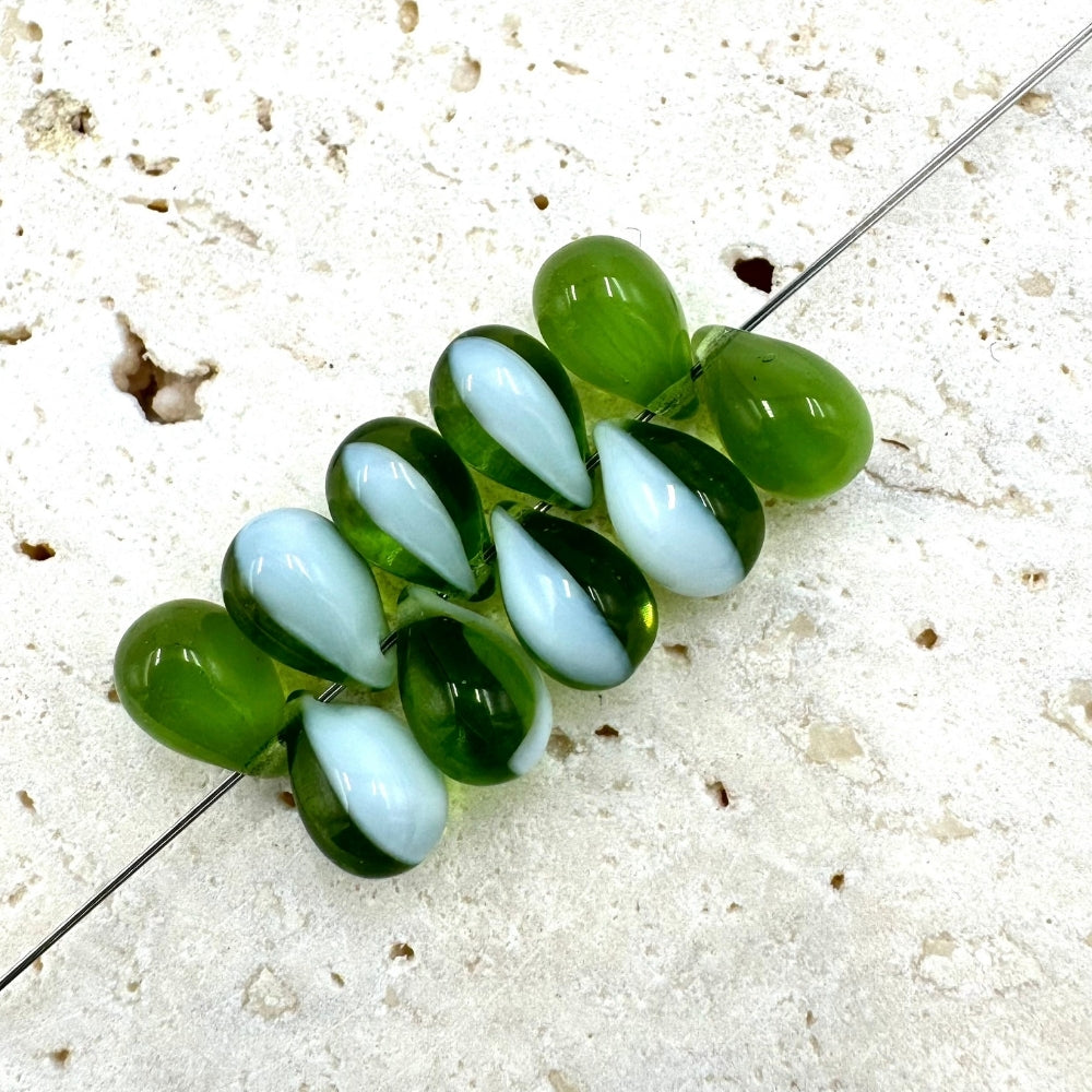 Drop Czech Beads, Green, 10mm X 6mm, Sold as 30 beads.