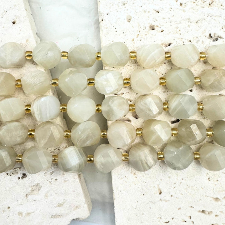 Moonstone, 8mm, Fancy Cut, sold as 1 strand, 16 inches, approx 35 beads.
