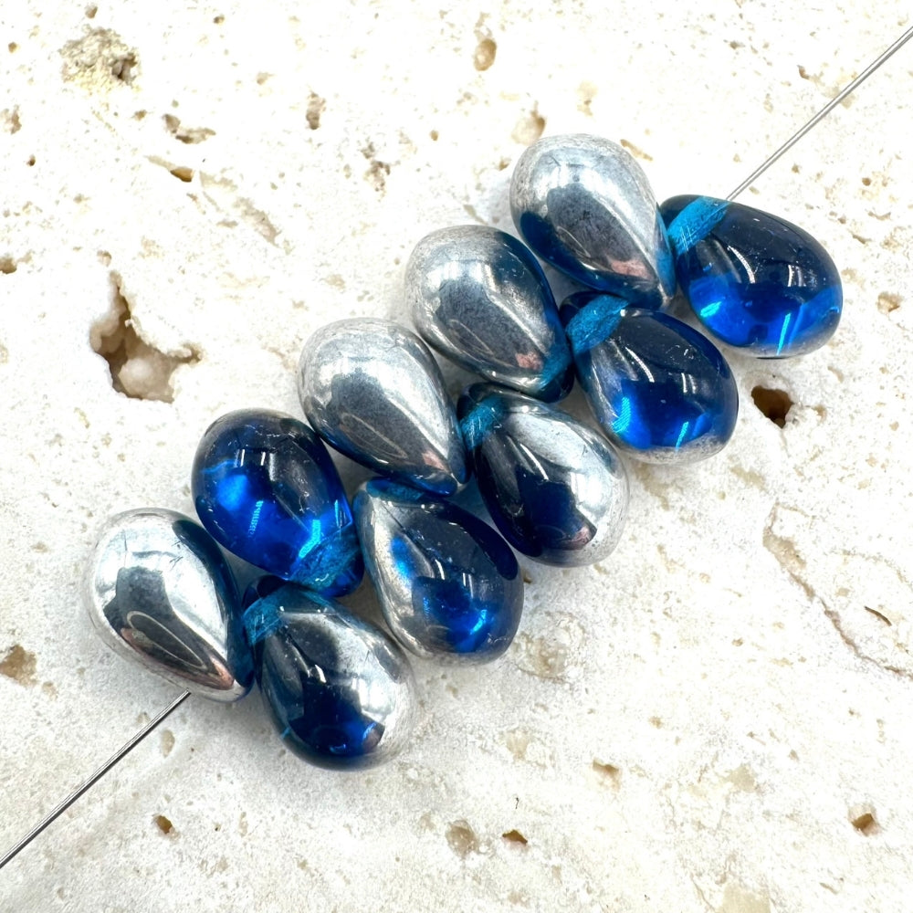 Drop Czech Beads, Metallic Blue, 10mm X 6mm, Sold as 30 beads.