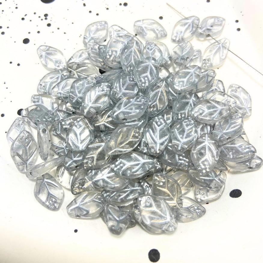 Leaf Czech Beads, Gray, 7MM X 12MM, Sold as 30 beads.