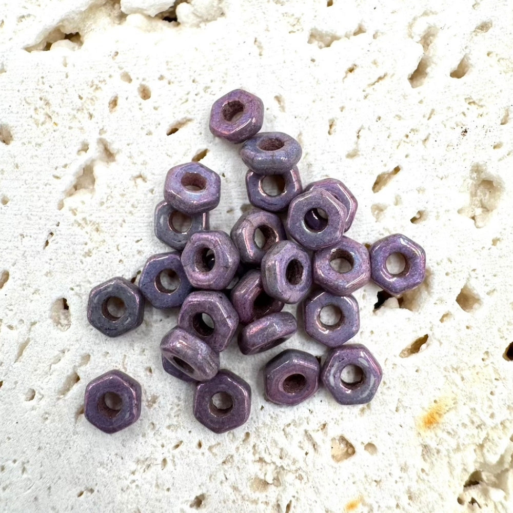 Hexagon Czech Beads, Metallic Purple, 2mm X 5mm, Sold as 100 beads.