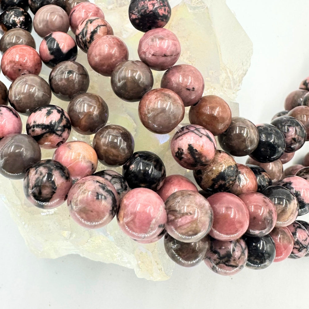 black vein rhodonite, 8mm, round, glossy, 1 strand, 16 inches, approx. 50 beads.