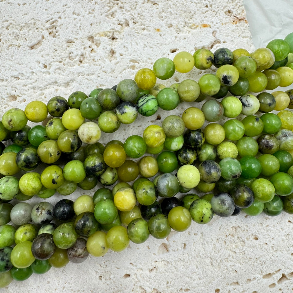 green yellow turquoise, 6mm, round, glossy, 1 strand, 16 inches, approx. 66 beads.