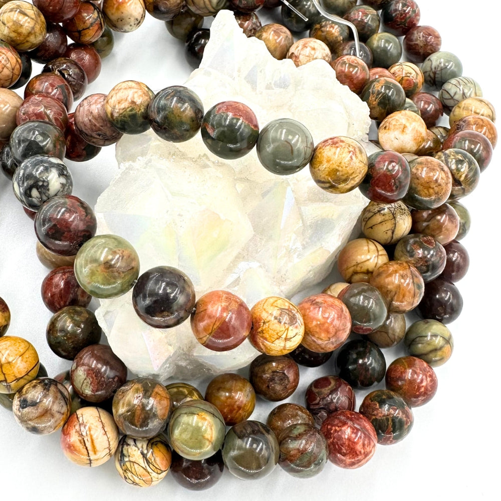 Picasso jasper, 8mm, round, glossy, 1 strand, 16 inches, approx. 48 beads(USA).