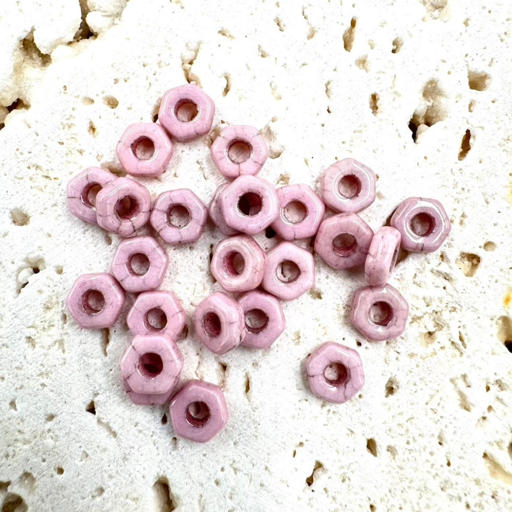 Hexagon Czech Beads, Pink, 2mm X 5mm, Sold as 100 beads.
