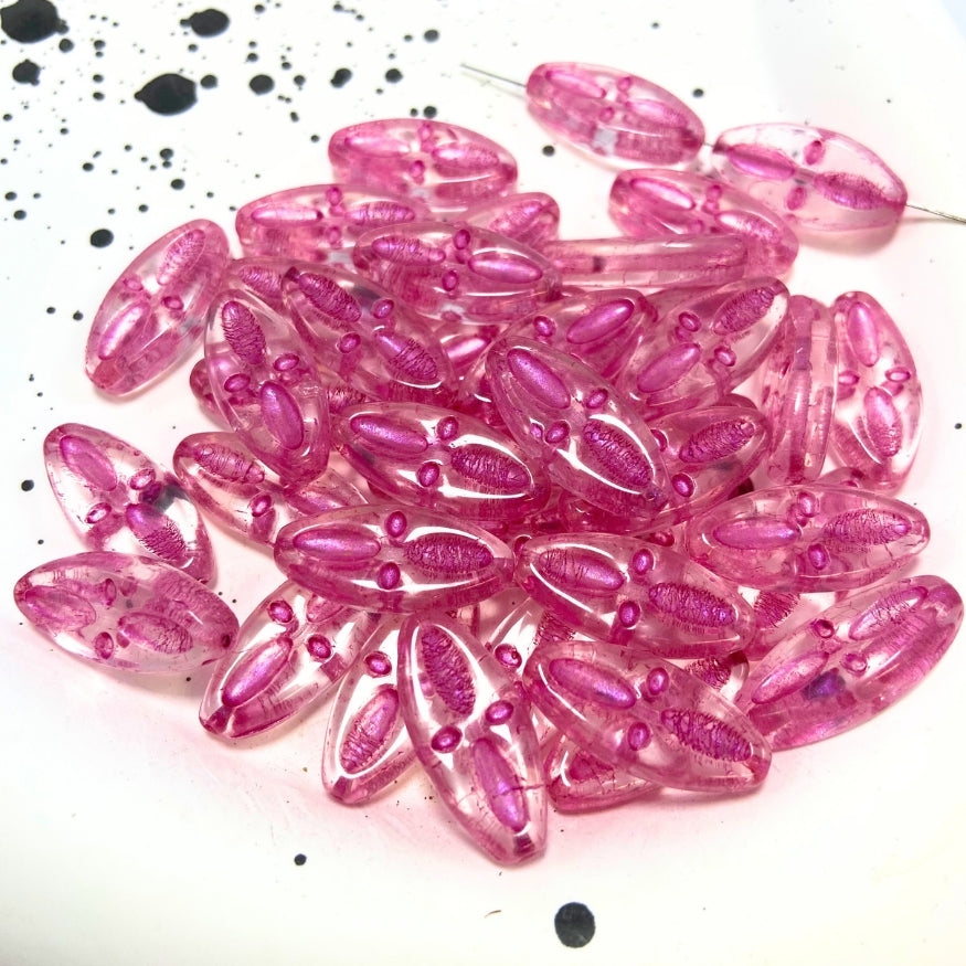Texture Oval Czech Beads, Pink, 20MM X 9MM, Sold as 10 beads.