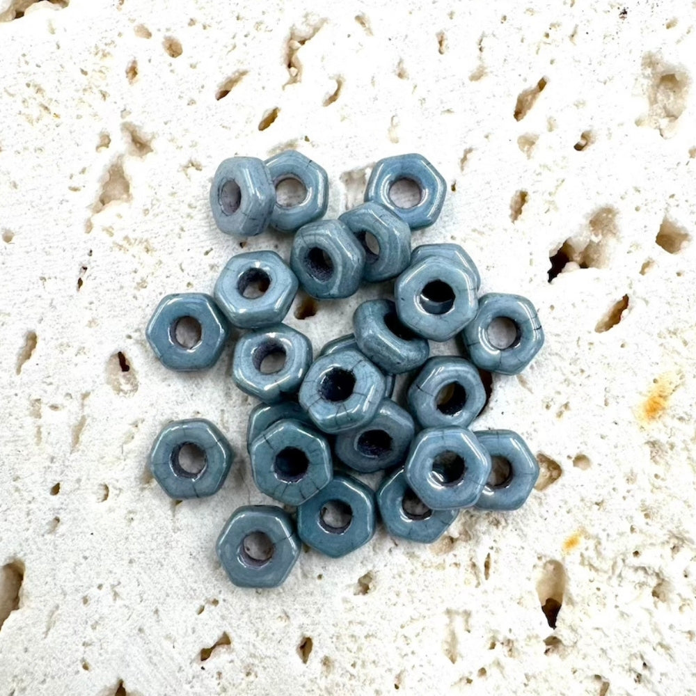 Hexagon Czech Beads, Steel Blue, 2mm X 5mm, Sold as 100 beads.