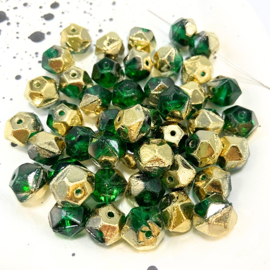 Large Faceted Czech Beads, Green Gold, 11MM X 11MM, Sold as 10 beads.