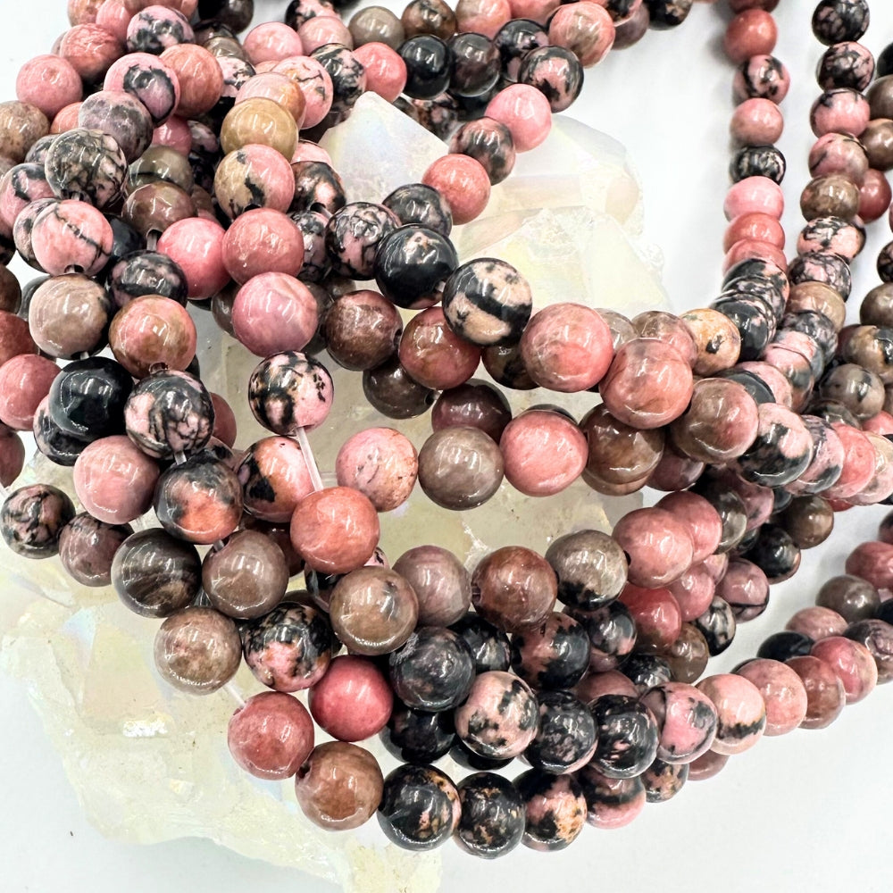 black vein rhodonite, 6mm, round, glossy, 1 strand, 16 inches, approx. 66 beads.