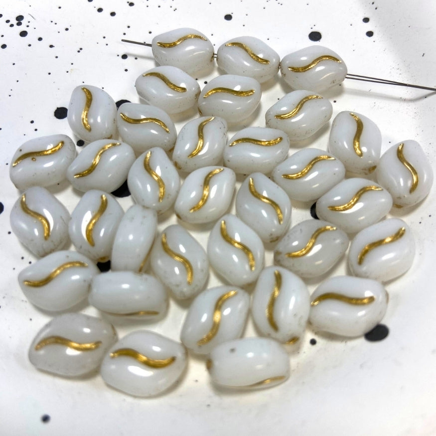 Wavy Oval Czech Beads, White, 11MM X 8MM, Sold as 20 beads.