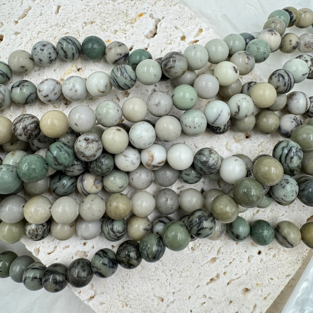 black vein mint green jade, 8mm, round, glossy, 1 strand, 16 inches, approx. 48 beads.