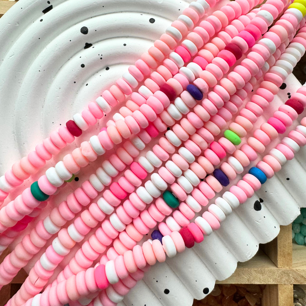 Polymer Clay Beads, Disc, Pink Rainbow, 6.5mm x 3mm, Hole 1.2mm, Sold as 3 strands, Each 16 inches, Approx. 180 Piece Total.