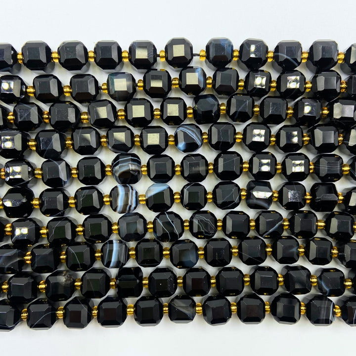 8mm cubed natural black banded agate beads, glossy, 1 strand, approx. 35 beads(India)