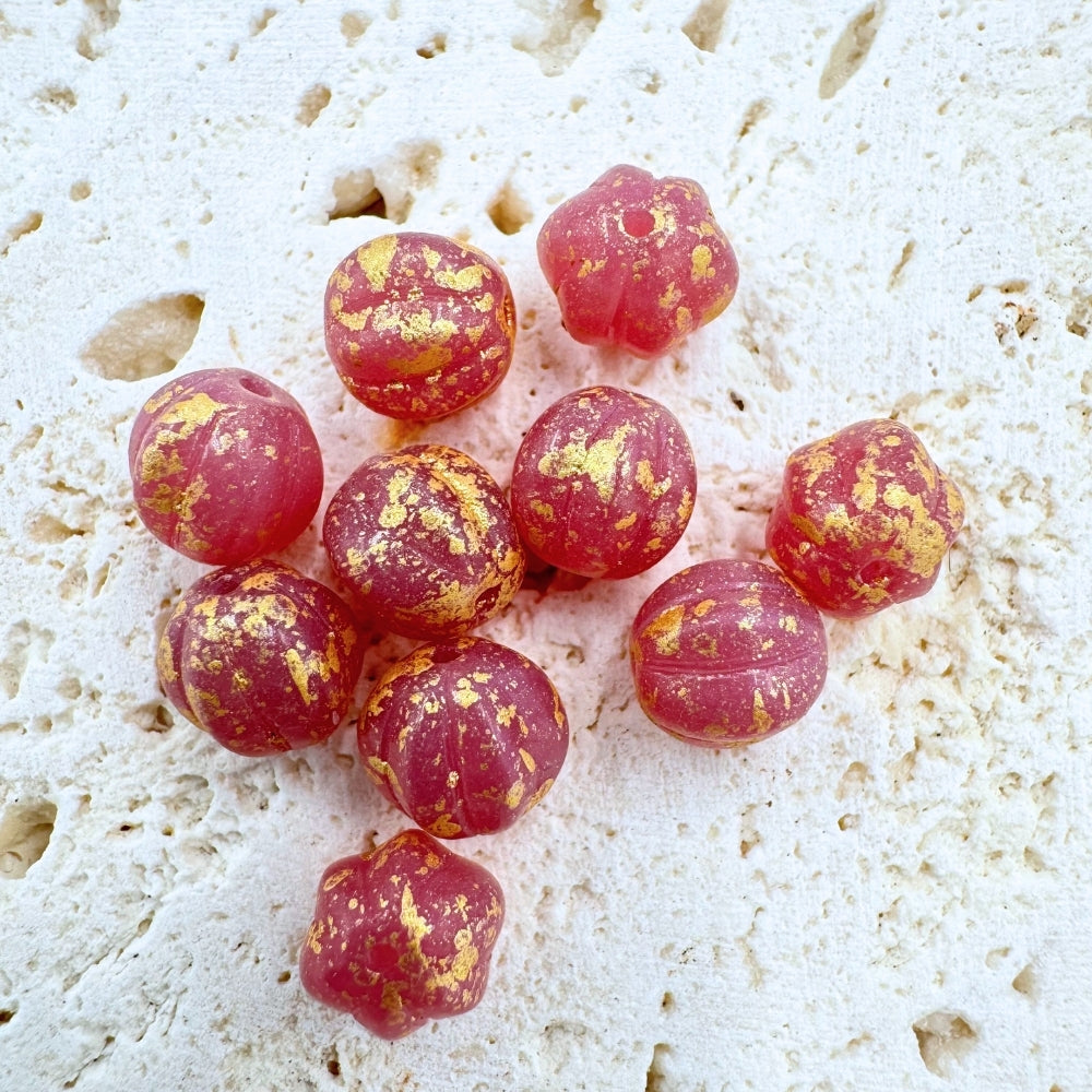 Round Czech Beads, Gold Flake Red, 8MM X 8MM, Sold as 20 beads.