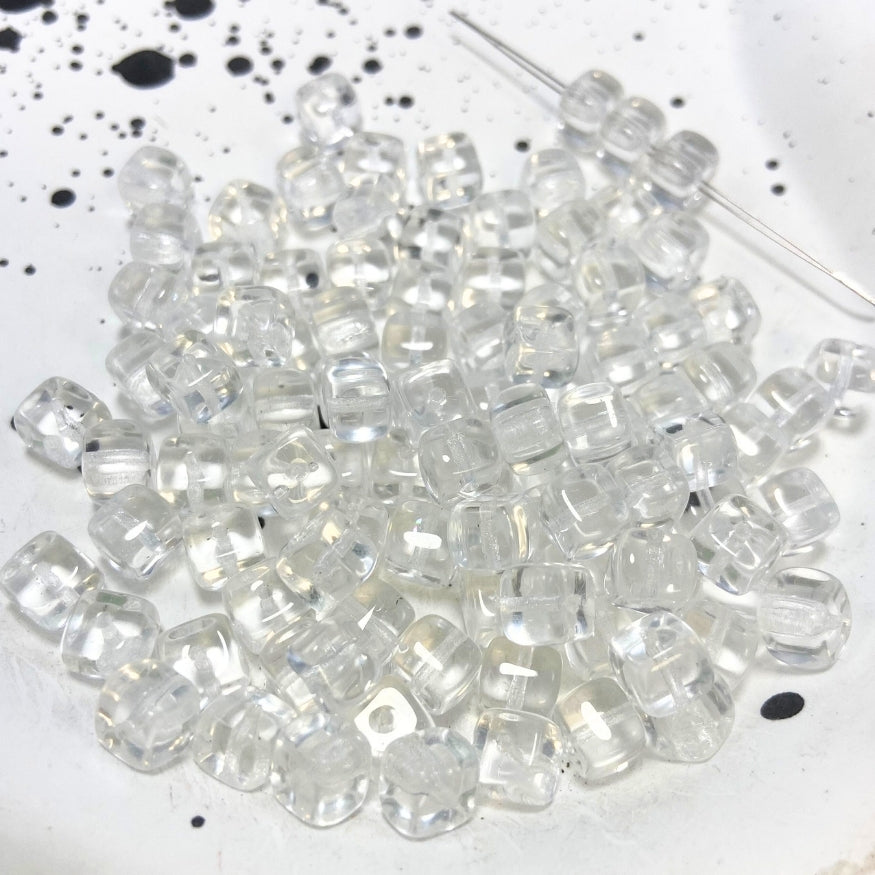 Small Cube Czech Beads, Clear, 6MM X 6MM, Sold as 50 beads.