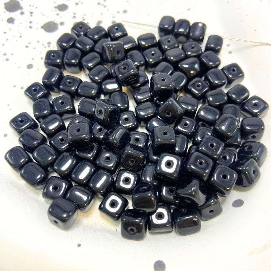Small Cube Czech Beads, Black, 6MM X 9MM, Sold as 30 beads.