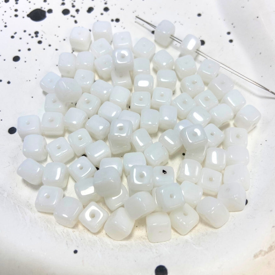 Small Cube Czech Beads, White, 6MM X 9MM, Sold as 30 beads.