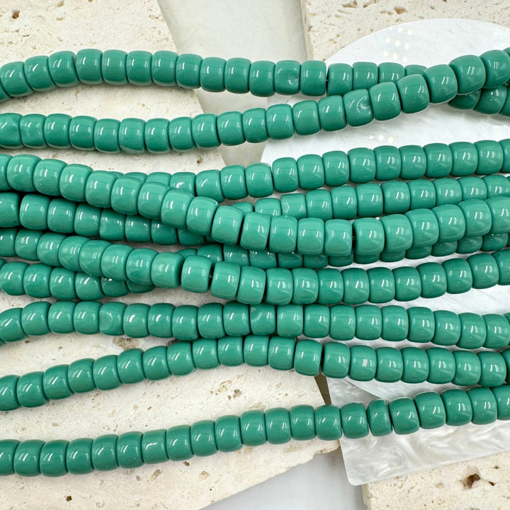Vintage Glass Beads, Green, Smooth Drum, 8mmx 6mm, Sold as 1 strand, Approx. 50 Beads