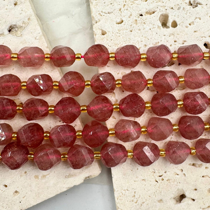 Strawberry Quartz, 8mm, Fancy Cut, sold as 1 strand, 16 inches, approx 35 beads.