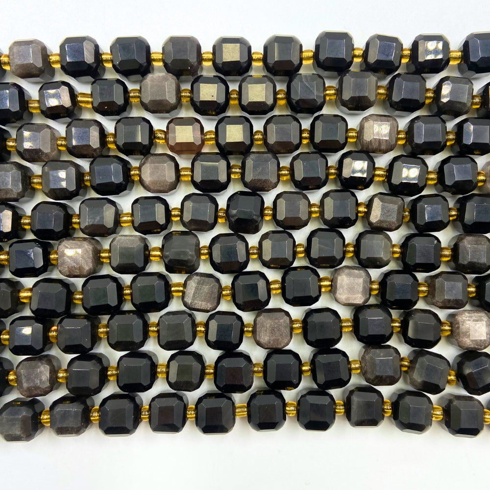 8mm cubed natural silver sheen obsidian beads, glossy, 1 strand, approx. 35 beads(Brazil)