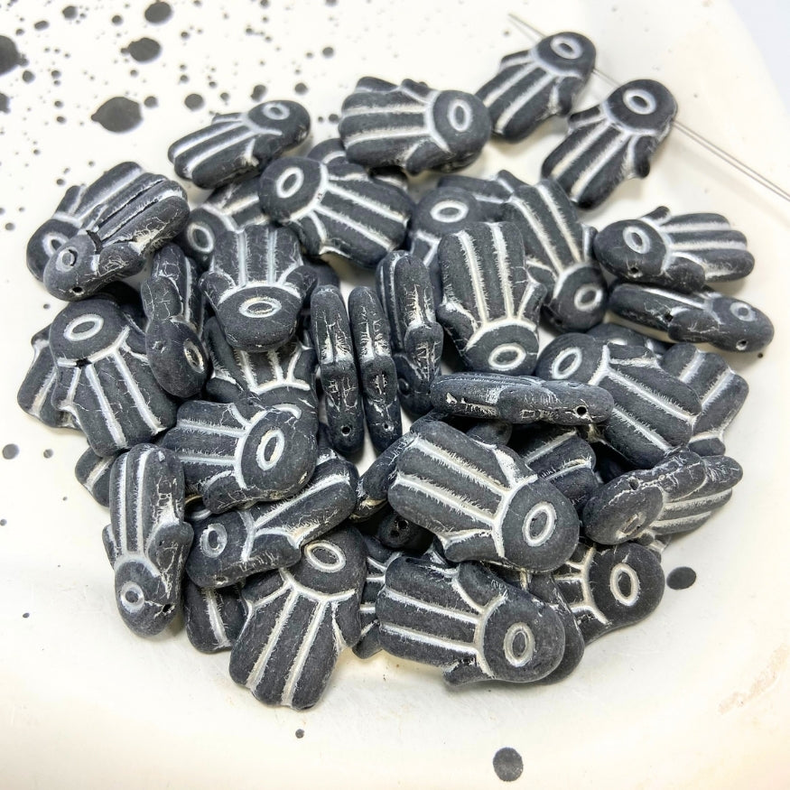 Hamsa Hand Czech Beads, Black, 14MM X 20MM, Sold as 8 beads.
