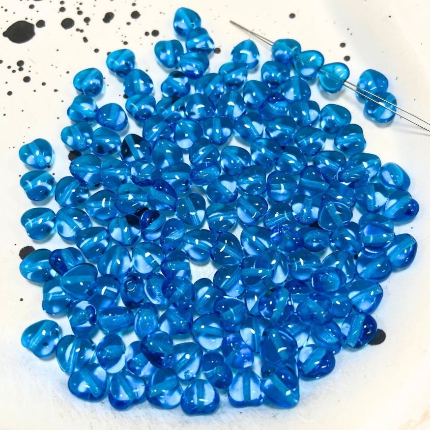 Small Heart Czech Beads, Blue, 6MM X 6MM, Sold as 50 beads.