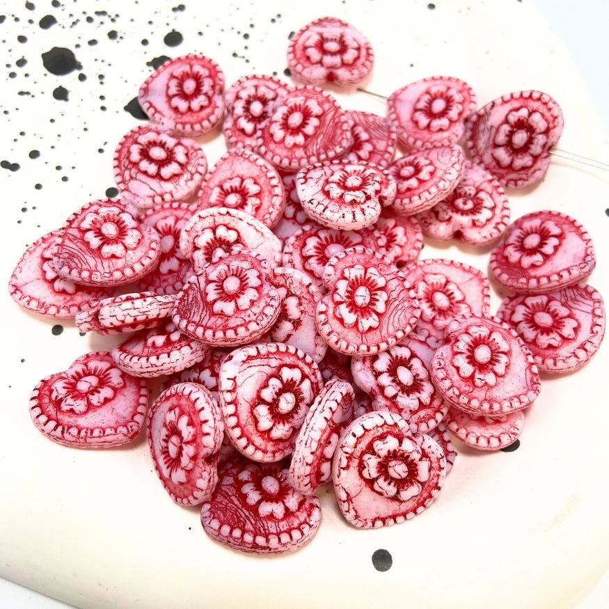 Vintage Heart Czech Beads, Red, 17MM X 17MM, Sold as 8 beads.