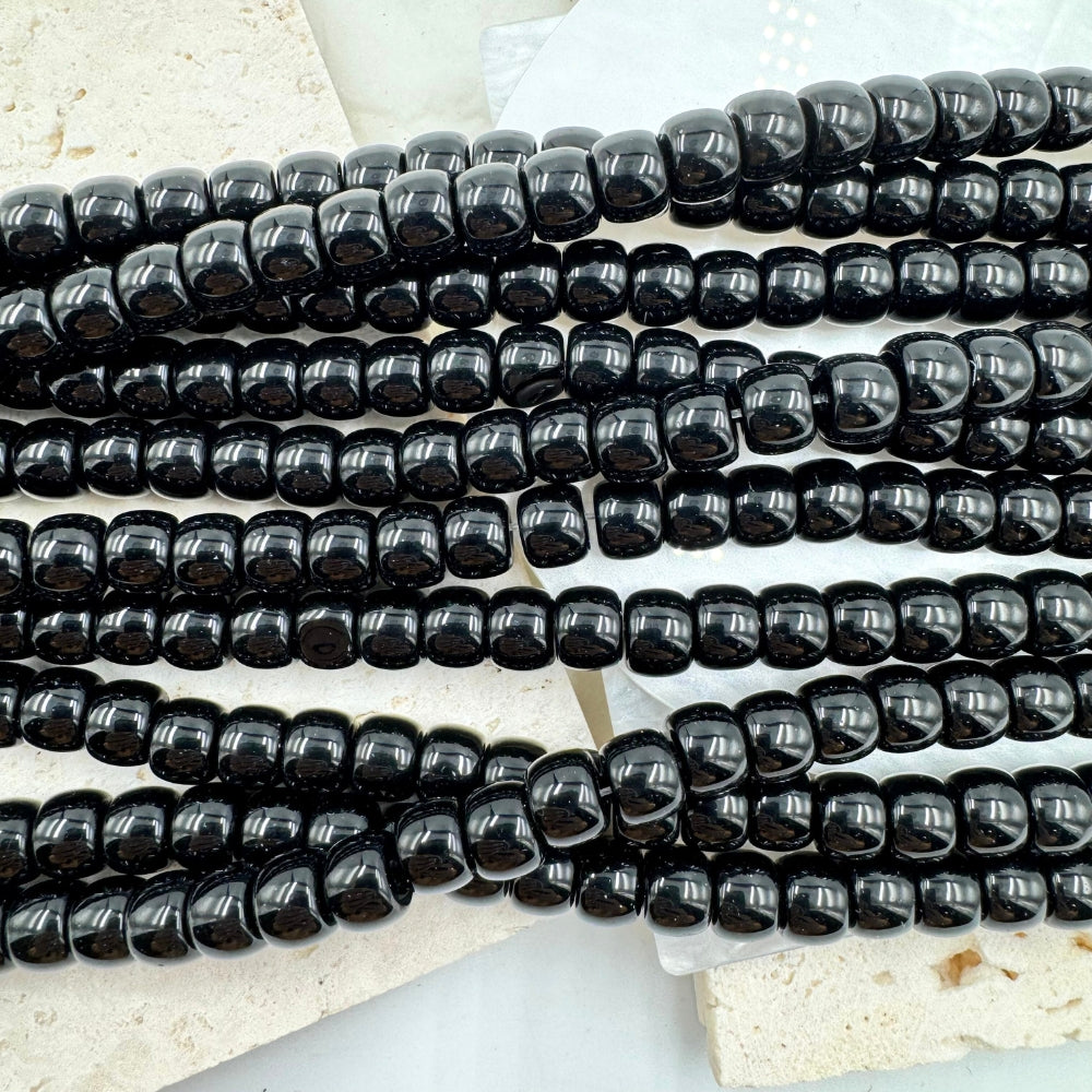 Vintage Glass Beads, Black, Smooth Drum, 8mmx 6mm, Sold as 1 strand, Approx. 50 Beads