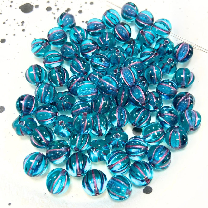 Round Czech Beads, Blue Pink, 8MM X 8MM, Sold as 20 beads.