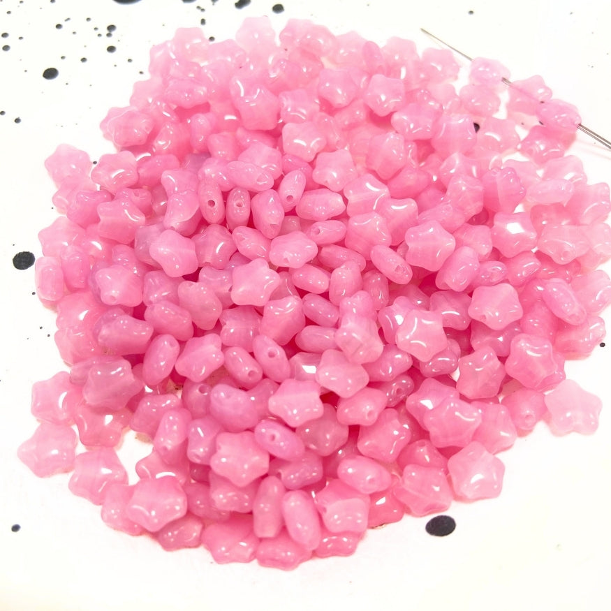 Small Star Czech Beads, Pink, 6MM X 6MM, Sold as 50 beads.