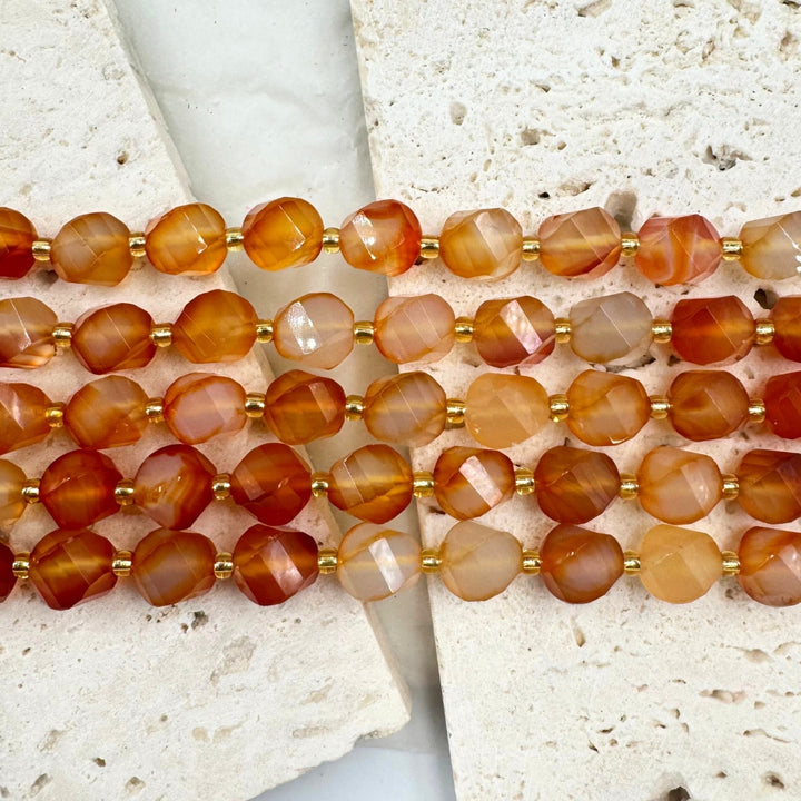 Carnelian, 8mm, Fancy Cut, sold as 1 strand, 16 inches, approx 35 beads.
