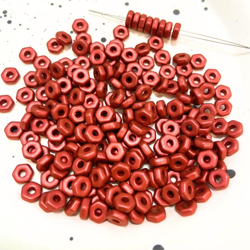 Hexagon Czech Beads, Red, 2MM X 5MM, Sold as 100 beads.