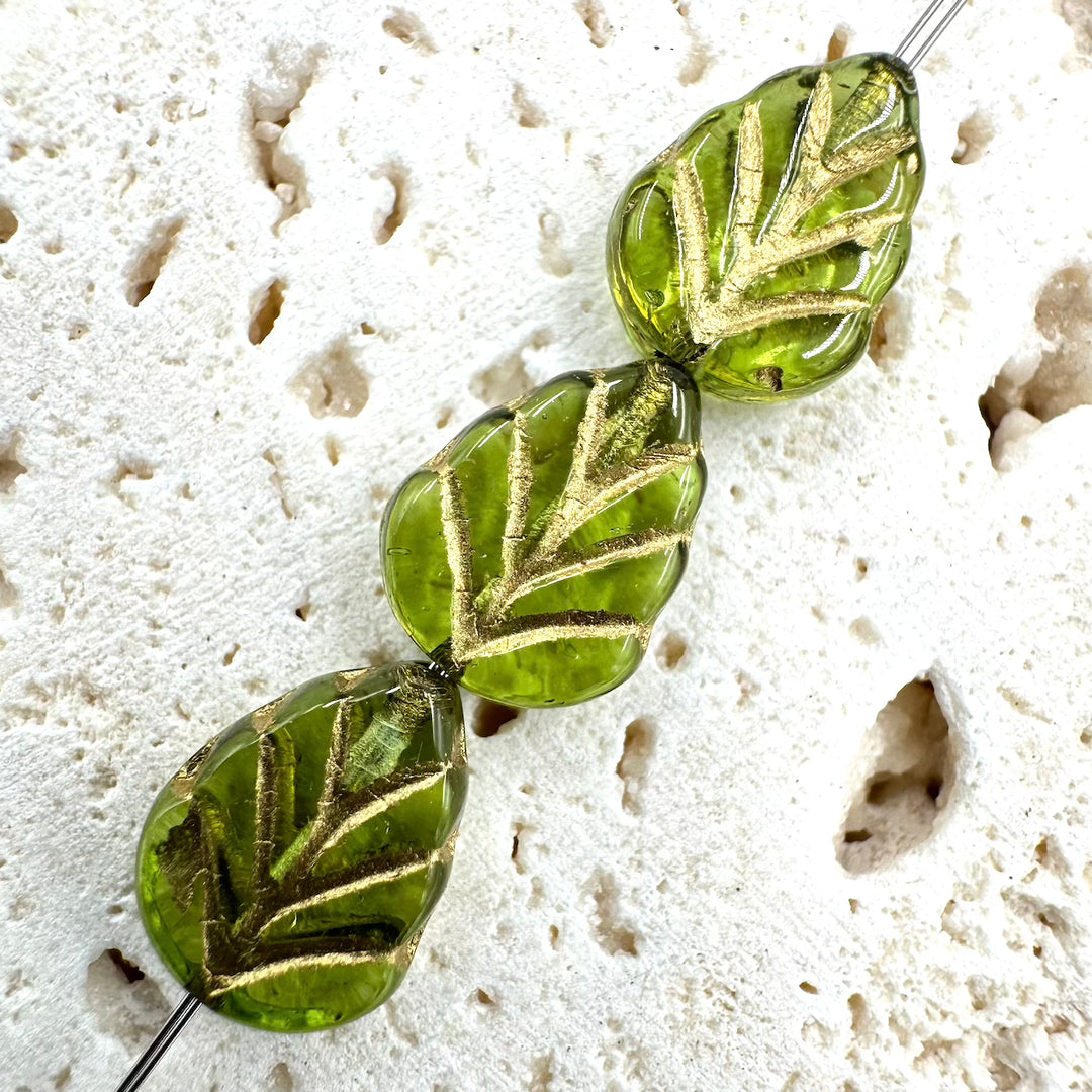 Mint Leaf Czech Beads Green, 10MM X 8MM, Sold as 20 beads.