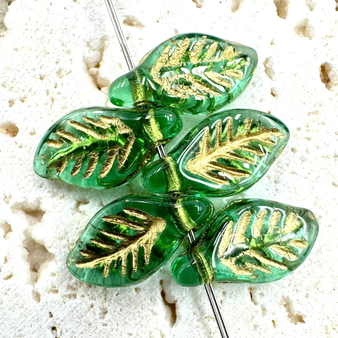 Bay Leaf Czech Beads, Green, 12MM X 6MM, Sold as 20 beads.