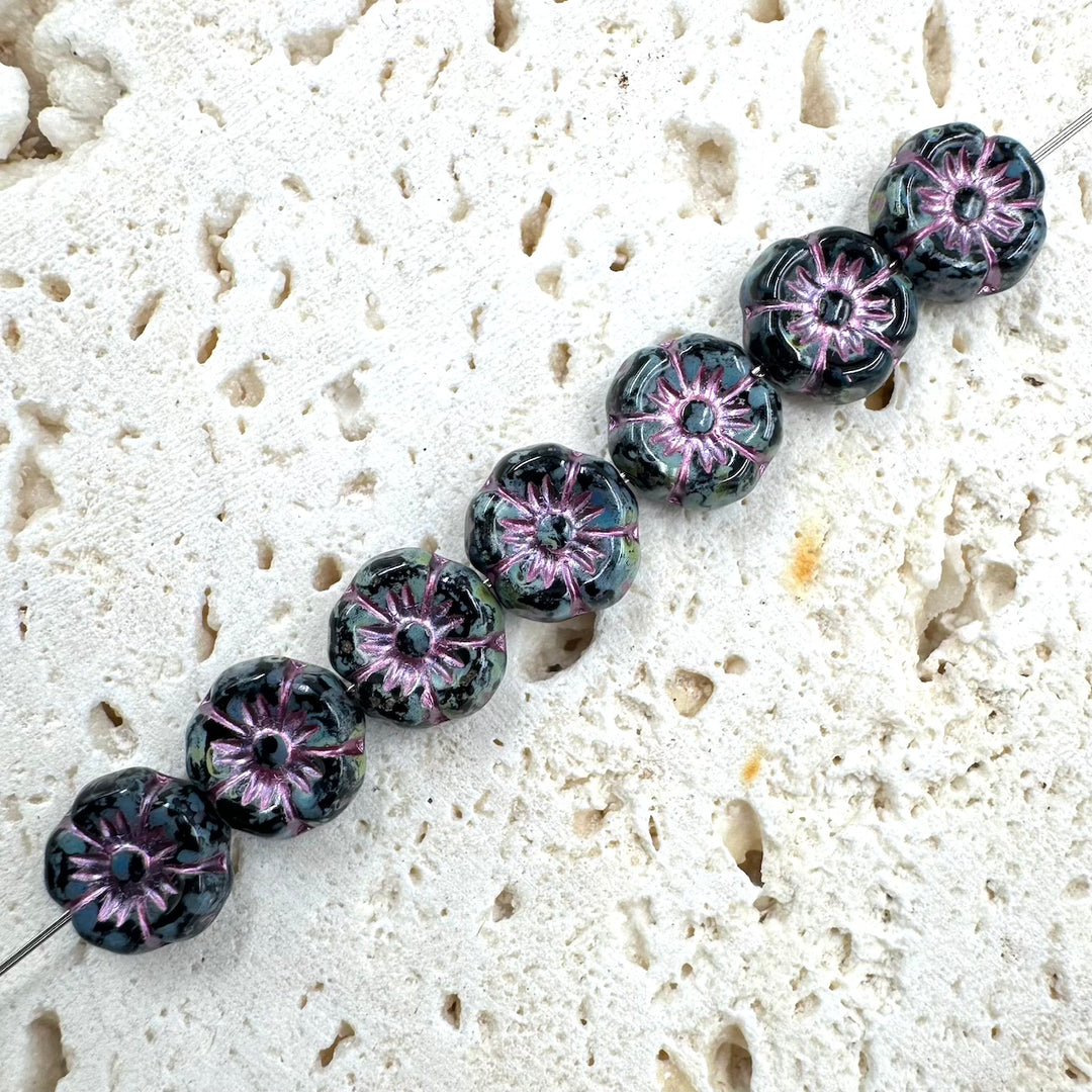 Mallow Flower Czech Beads, Purple, 8MM X 8MM, Sold as 10 beads.