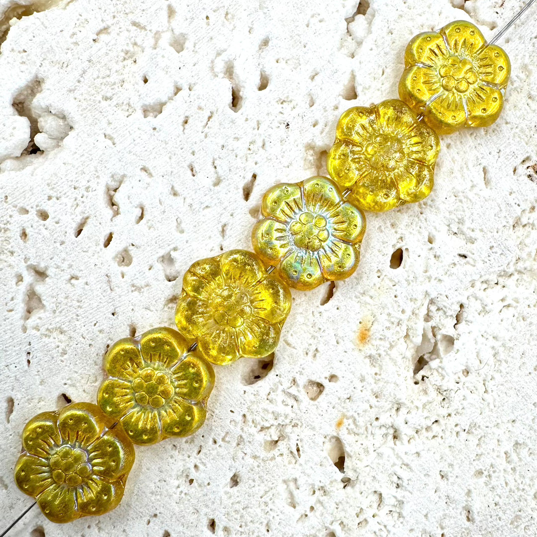 Bohemian Flower Czech Beads, Yellow, 15MM X 15MM, Sold as 10 beads.