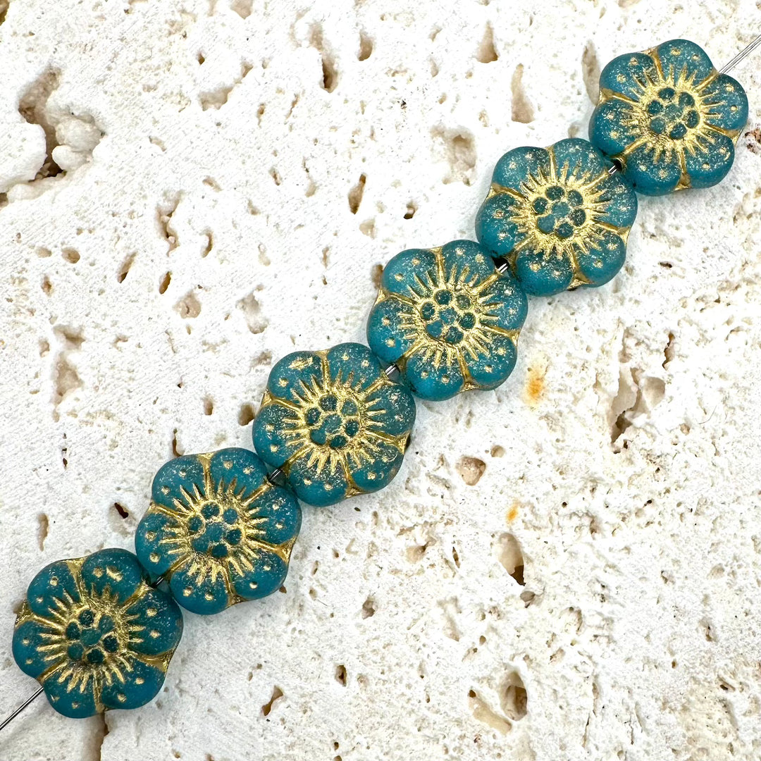 Bohemian Flower Czech Beads, Aqua, 15MM X 15MM, Sold as 10 beads.