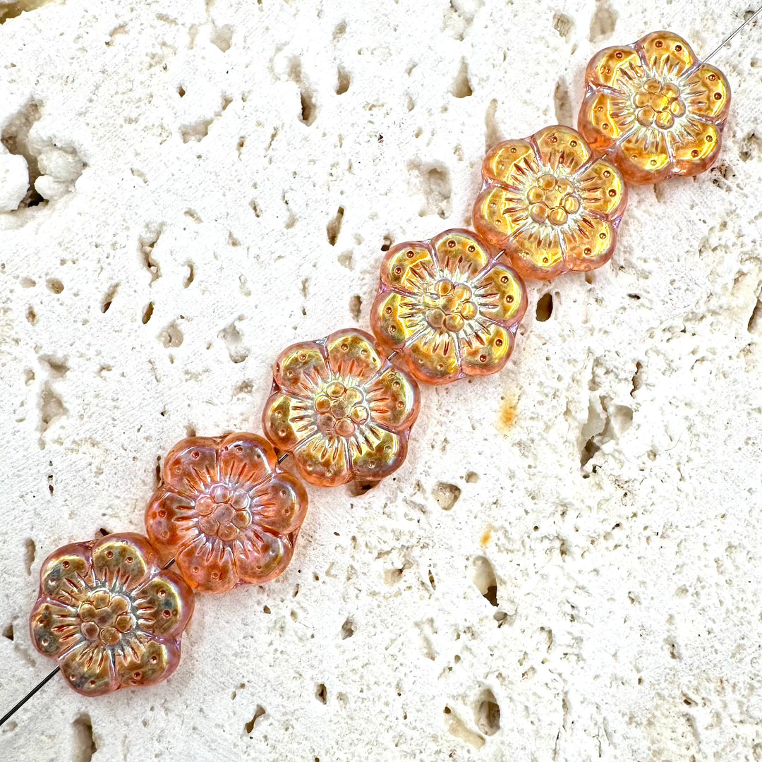 Bohemian Flower Czech Beads, Pink, 15MM X 15MM, Sold as 10 beads.